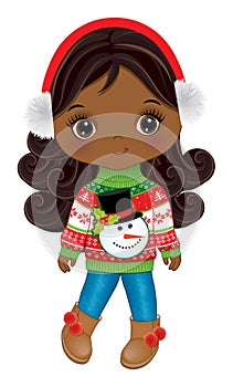 Vector Cute Little Black Girl in Christmas Sweater