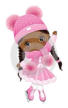 Vector Cute Little Black Girl Ice Skating