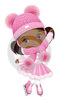 Vector Cute Little Black Girl Ice Skating