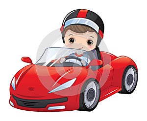 Vector Cute Little Boy Driving Racing Car