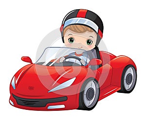 Vector Cute Little Boy Driving Racing Car