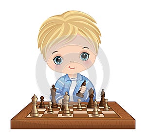 Vector Cute Little Boy Playing Chess