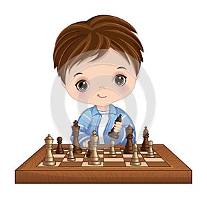 Vector Cute Little Boy Playing Chess