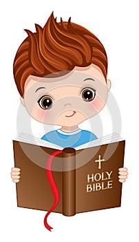 Vector Cute Little Boy Studying Bible