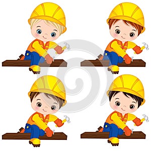 Vector Cute Little Boys Hammering Nails. Vector Little Builders