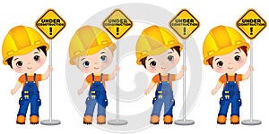 Vector Cute Little Boys Holding the Sign - Under Construction. Vector Little Builders