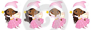 Vector Cute Little Christmas Fairies with Magic Wands Flying