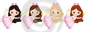 Vector Cute Little Fairies with Magic Wands Flying