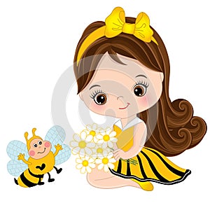 Vector Cute Little Girl with Bee and Flowers