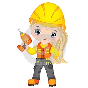 Vector Cute Little Girl Drilling. Vector Little Builder. Vector construction