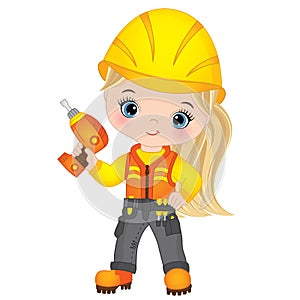 Vector Cute Little Girl Drilling. Vector Little Builder. Vector construction 