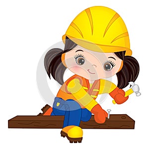 Vector Cute Little Girl Hammering Nails. Vector Little Builder