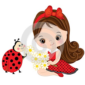 Vector Cute Little Girl with Ladybug and Flowers