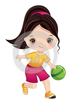 Vector Cute Little Girl Playing Bowling
