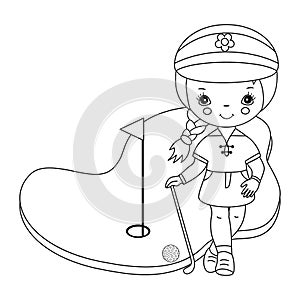 Vector Cute Little Girl Playing Golf