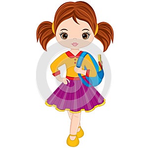 Vector Cute Little Girl with School Bag