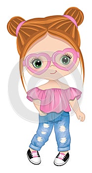 Vector Cute Little Girl Wearing Ripped Jeans, Pink Top and Heart Shape Glasses