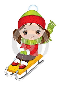 Vector Cute Little Girl in Winter Outfit Sledding