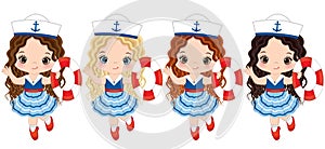 Vector Cute Little Girls Dressed in Nautical Style with Buoys