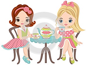 Vector Cute Little Girls Having Tea