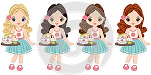 Vector Cute Little Girls Holding Trays with Tea Cups and Cupcakes