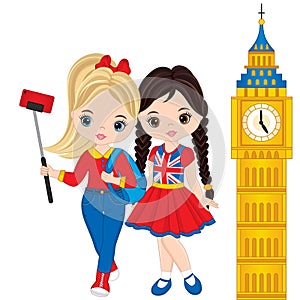 Vector Cute Little Girls Making Selfie with View of the Big Ben