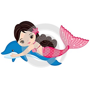 Vector Cute Little Mermaid Swimming with Dolphin