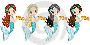 Vector Cute Little Mermaids with Fish. Vector Mermaids