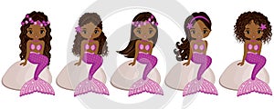 Vector Cute Little Mermaids Sitting on Stones. Vector African American Mermaids