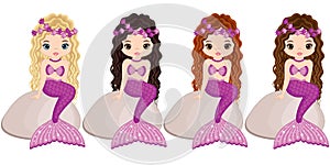 Vector Cute Little Mermaids Sitting on Stones. Vector Mermaids