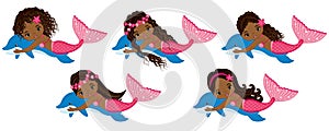 Vector Cute Little Mermaids Swimming with Dolphins. Vector African American Mermaids