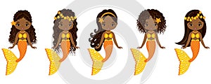 Vector Cute Little Mermaids Swimming. Vector African American Mermaids