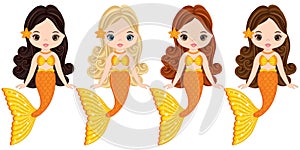 Vector Cute Little Mermaids Swimming. Vector Mermaids