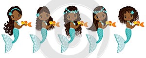 Vector Cute Little Mermaids. Vector African American Mermaids