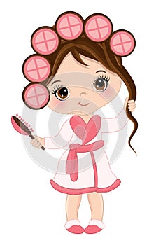 Vector Cute Little Spa Girl with Rollers and Hair Brush. Vector Spa Girl