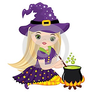 Vector Cute Little Witch Cooking Magic Potion in Cauldron