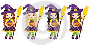 Vector Cute Little Witches with Broomsticks and Pumpkins