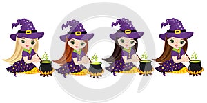 Vector Cute Little Witches Cooking Magic Potion in Cauldrons