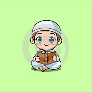 vector of cute Muslim boy learning to read the Qur\'an while sitting smiling Art Illustration