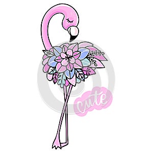 Vector Cute pink flamingo. Tropical bird isolated on white background.