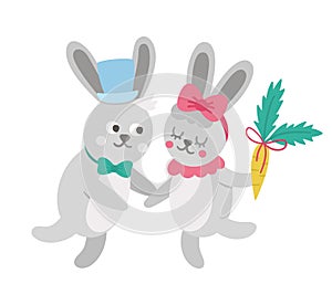 Vector cute rabbits pair. Loving animal couple illustration. Love relationship or family concept. Hugging hares isolated on white
