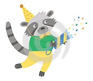 Vector cute raccoon with cracker in birthday hat. Funny b-day animal for card, poster, print design. Bright holiday illustration