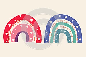 Vector cute rainbow in boho minimalistic style. Artistic modern arch shapes set with hearts cut off