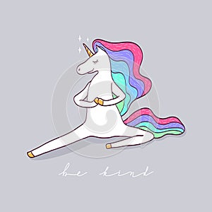 Vector cute rainbow unicorn in yoga asana.