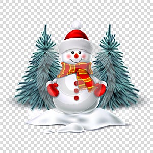 Vector cute realistic snowman in mittens scarf hat