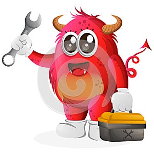 Vector_Cute red monster holding spanner and tolls box