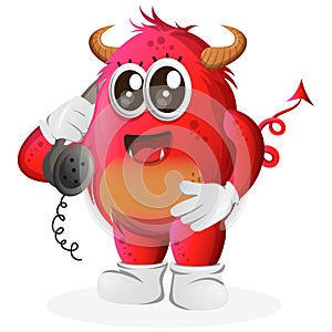 Vector_Cute red monster pick up the phone, answering phone calls