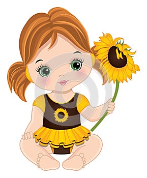 Vector Cute Redheaded Baby Girl with Sunflower