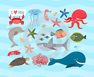 Vector cute sea animals. Dolphin and whale