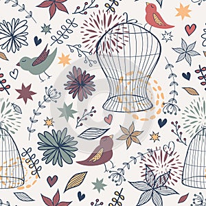 Vector cute seamless floral pattern with birds, cages, flowers, leaves and hearts
